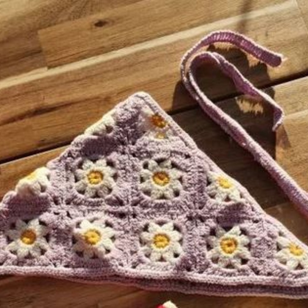 Pink Crochet Daisy Bandana Handmade